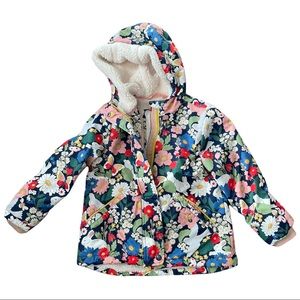 Mini Boden coat size 4/5 floral Sherpa bunnies rainbow detail EUC hooded warm